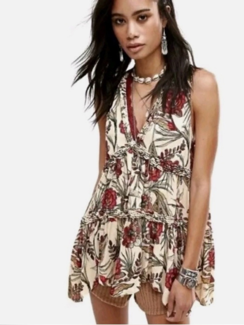 Free People Floral Tiered V-Neck Mini Dress — Cream with Red and Green Print